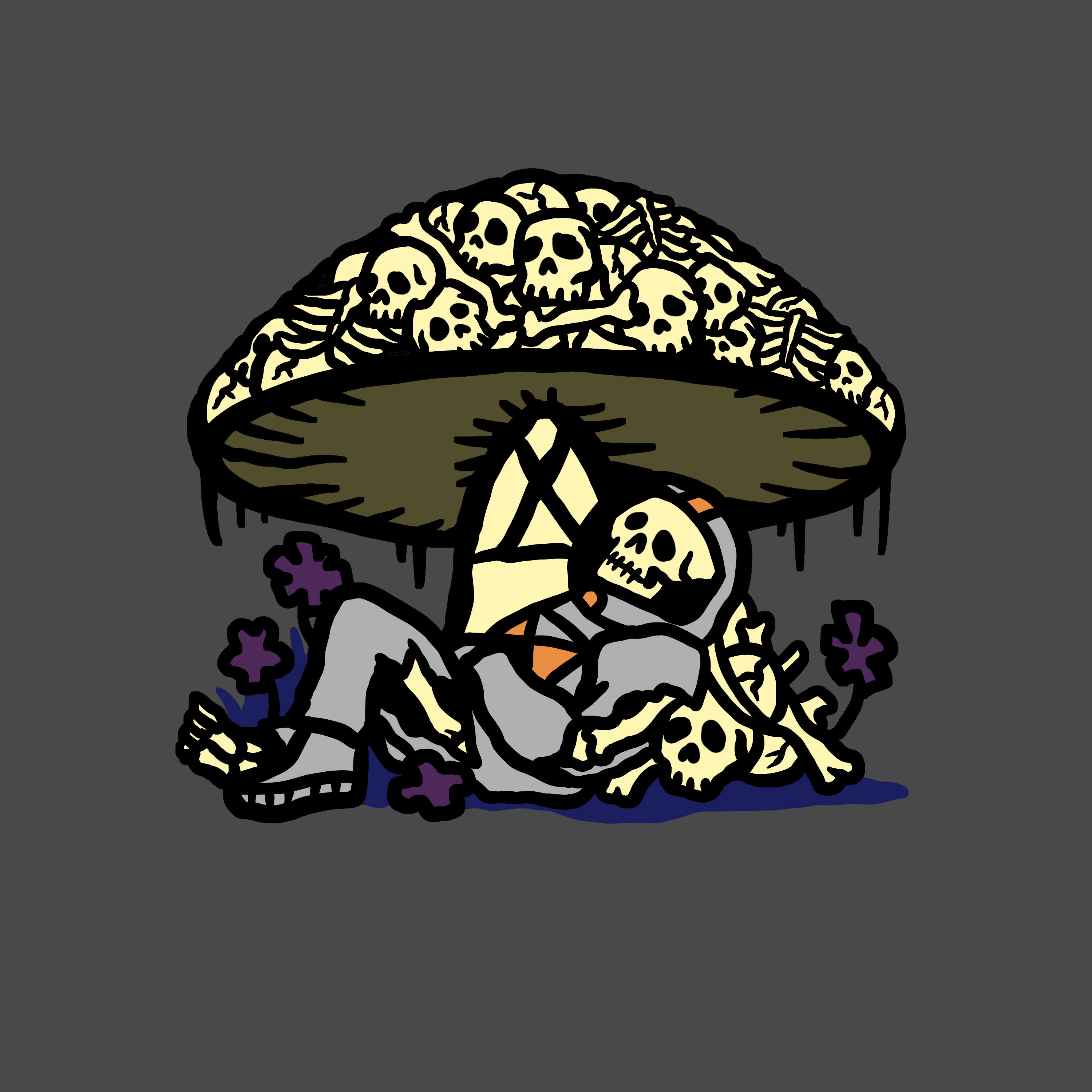 A cartoon-style illustration depicting a skeleton lying under a mushroom with a skull pattern, surrounded by purple flowers.