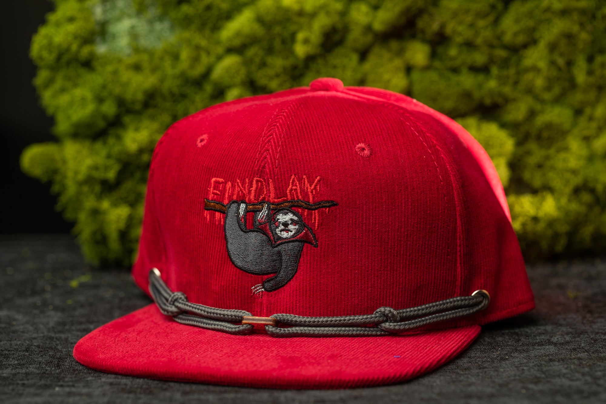 A red baseball cap with a sloth graphic and the word "ENDLAY" printed on it, placed on a dark surface against a background of green moss.