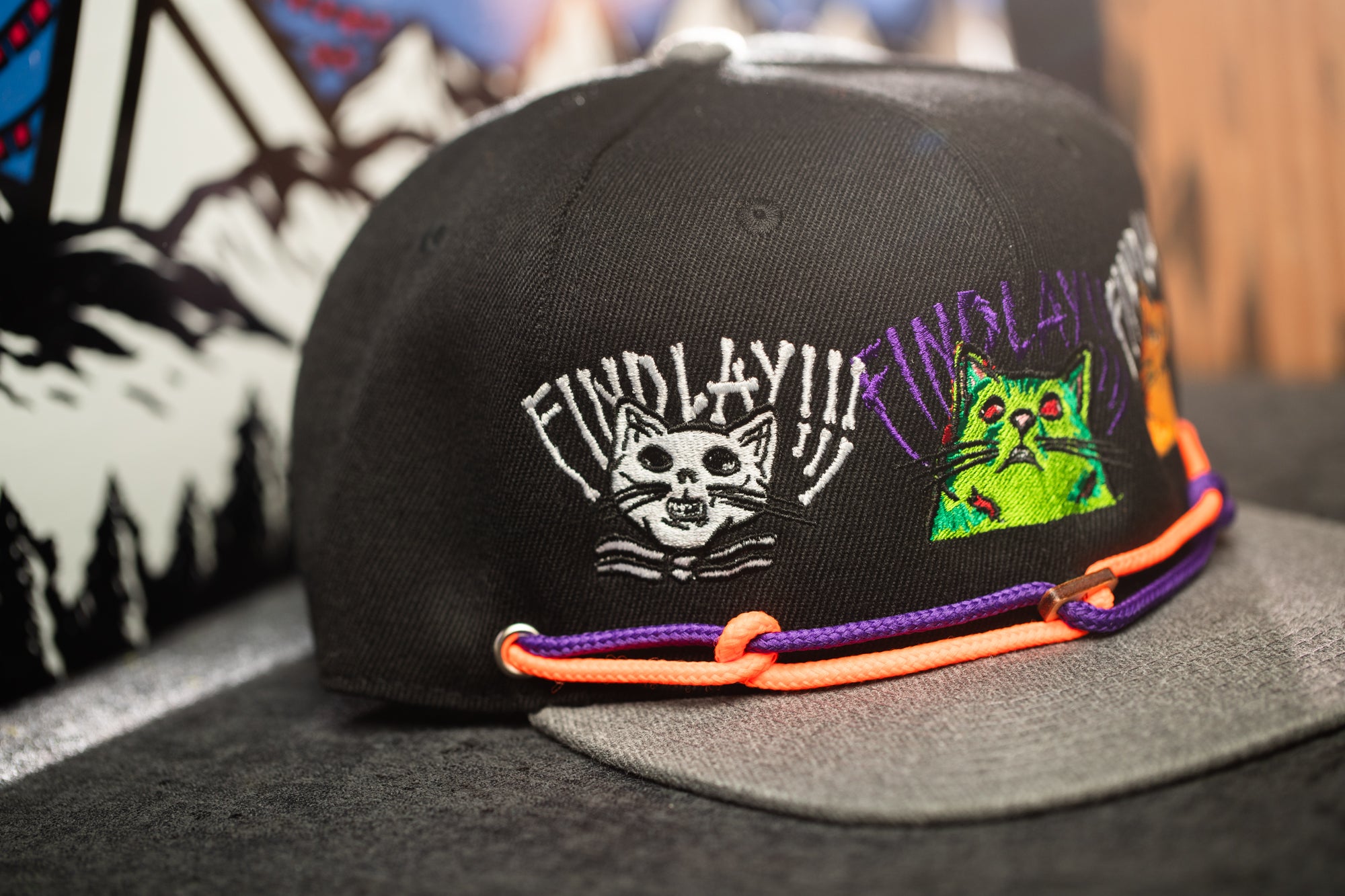 A black baseball cap with a colorful, embroidered design featuring a cat and the text "FIND LAY" on the front.