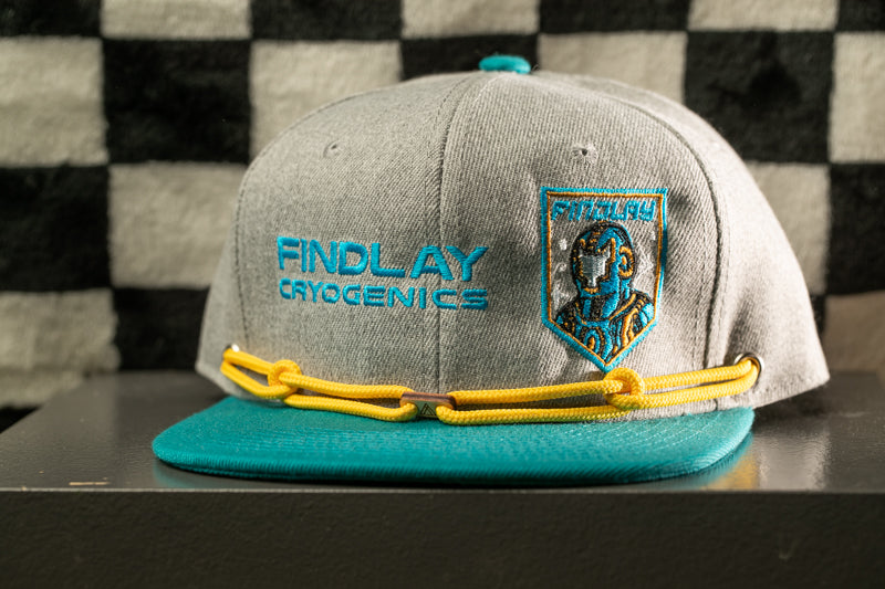A gray baseball cap with a teal brim and yellow chain strap, featuring a logo on the front.
