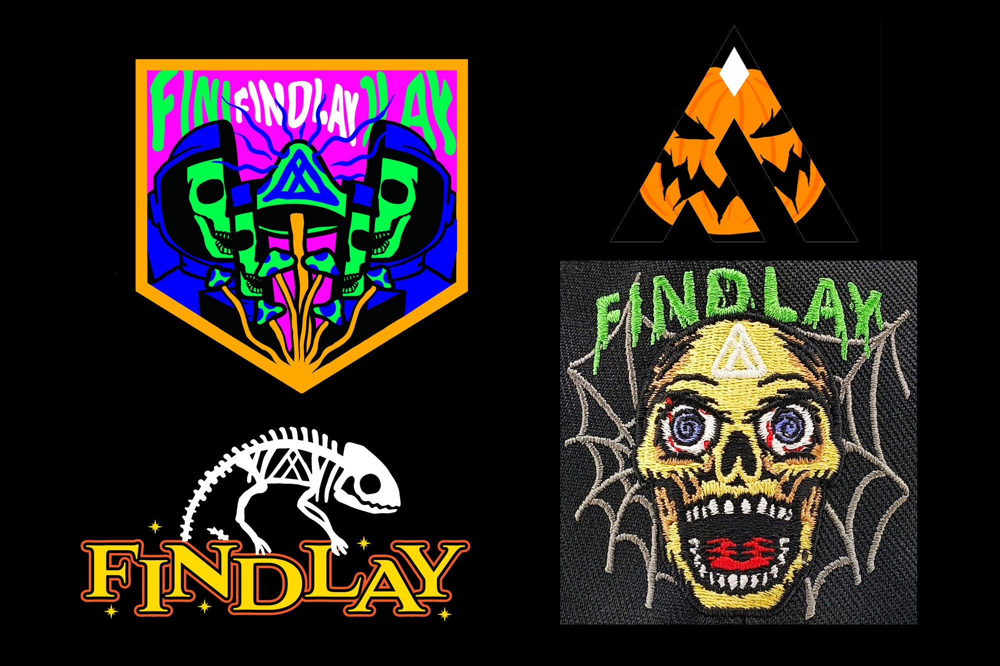 a collage of four distinct images, each with a unique design and color scheme. The images include a skull and crossbones, a skeleton, a Halloween-themed design, and a logo for the band Findlay.