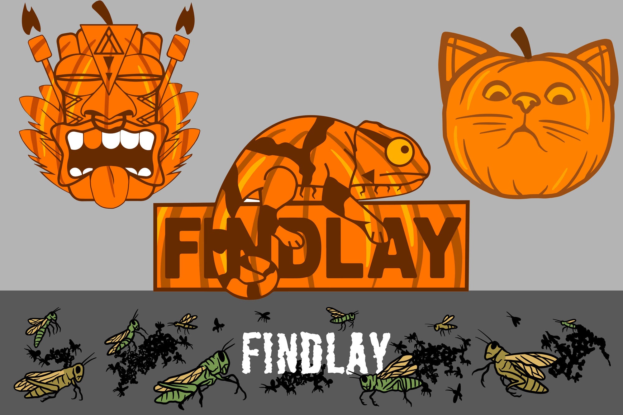 a collage of various cartoon-style illustrations, including a cat, a pumpkin, and a mask, along with the word "FINDLAY" and a group of insects.