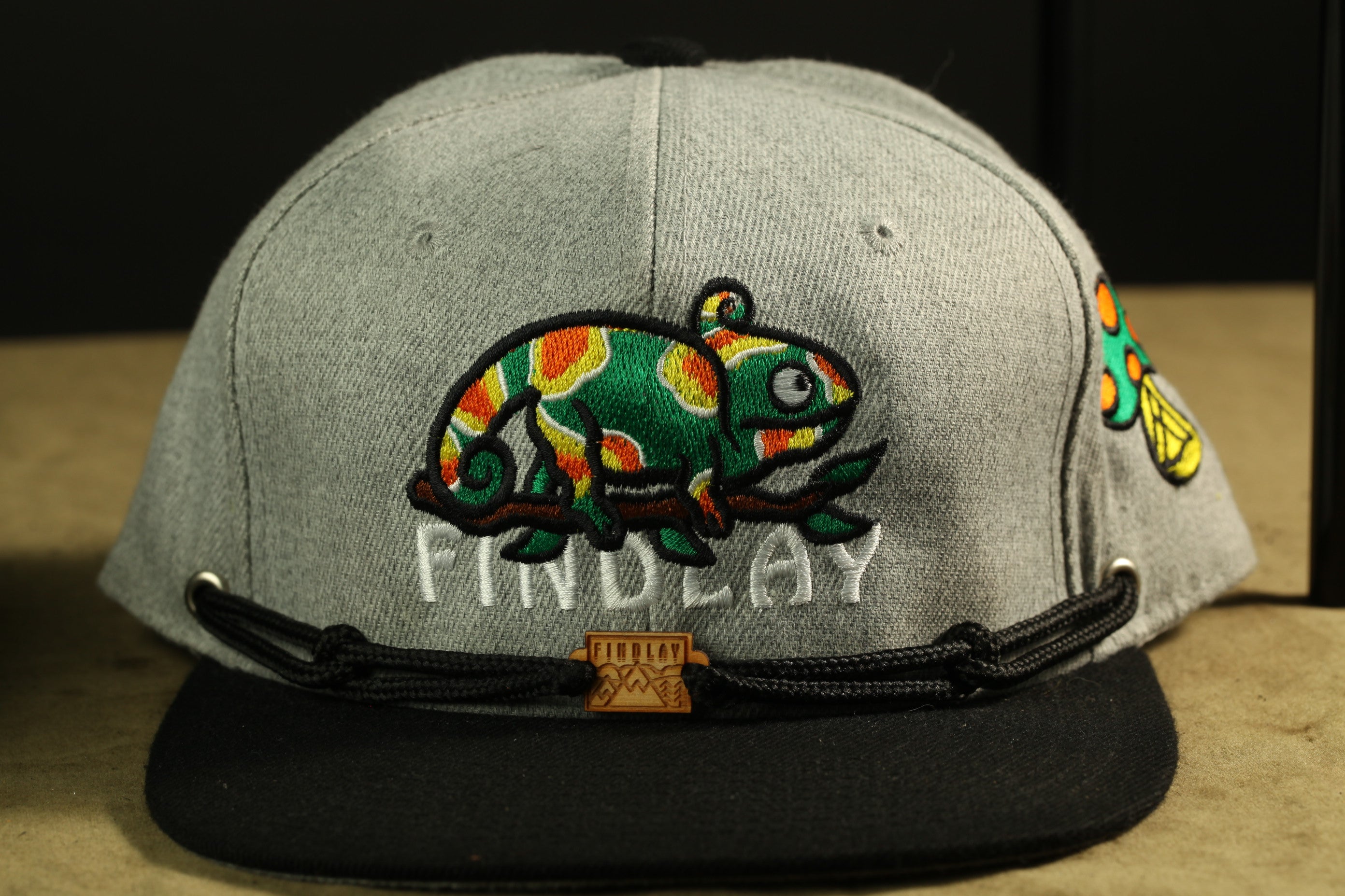 A gray baseball cap with a colorful chameleon design and the word "FINDlay" printed on it.