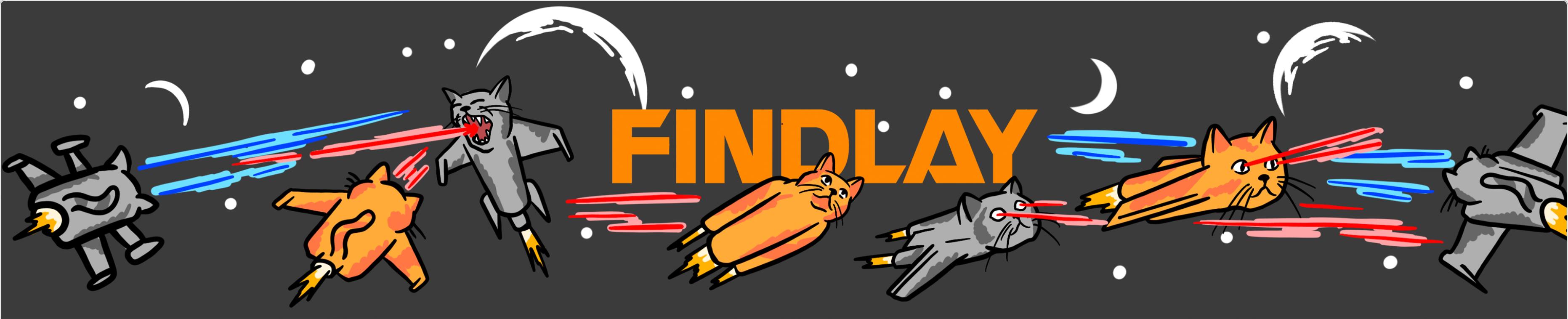 The image is a collage of various cartoon-style cat characters, including a gray cat, an orange cat, and a gray cat, all with laser beams coming out of their mouths. The word "FINDLAY" is prominently displayed in the center of the image.