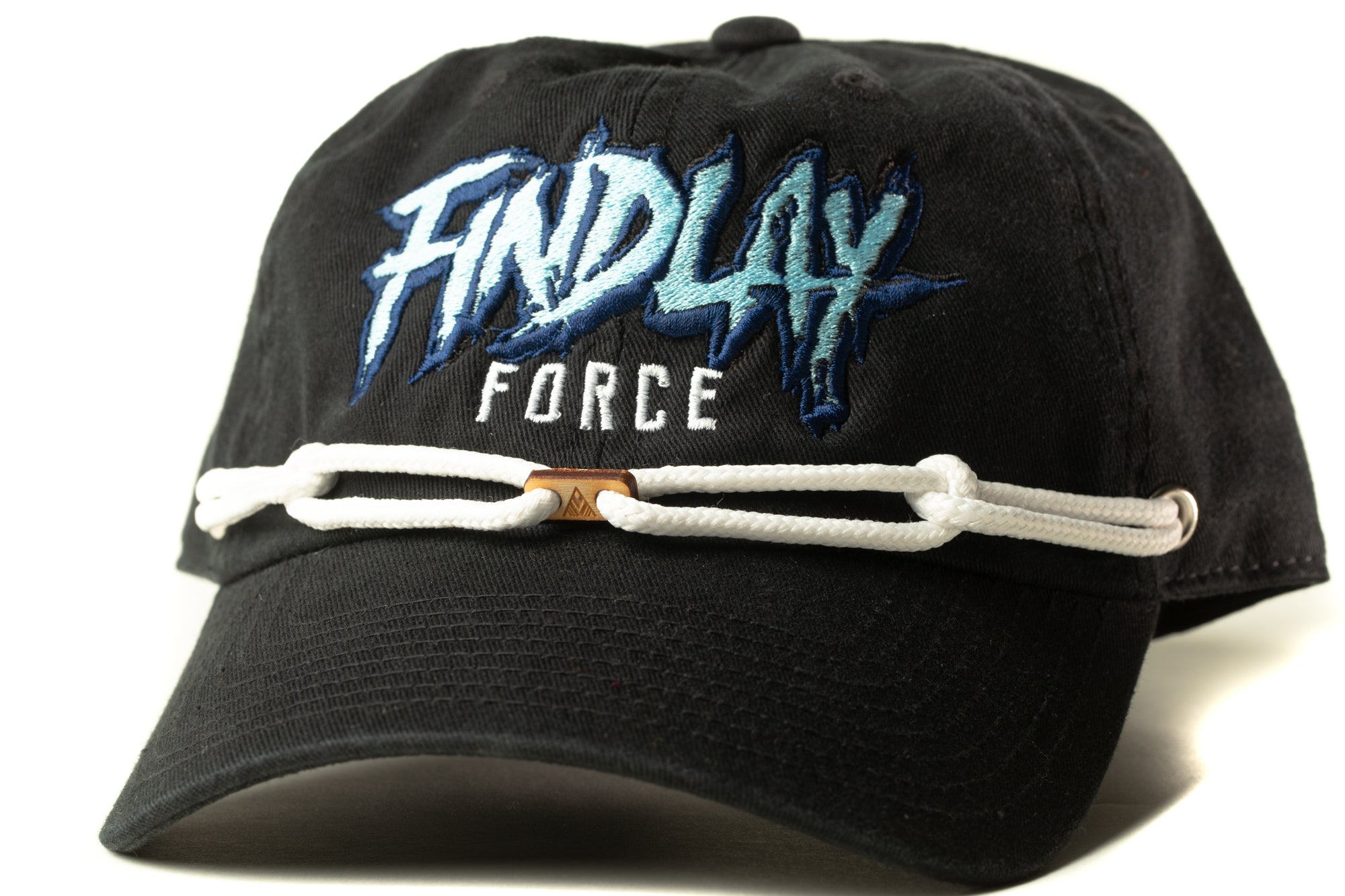 A black baseball cap with the text "FINDlay Force" embroidered on it.