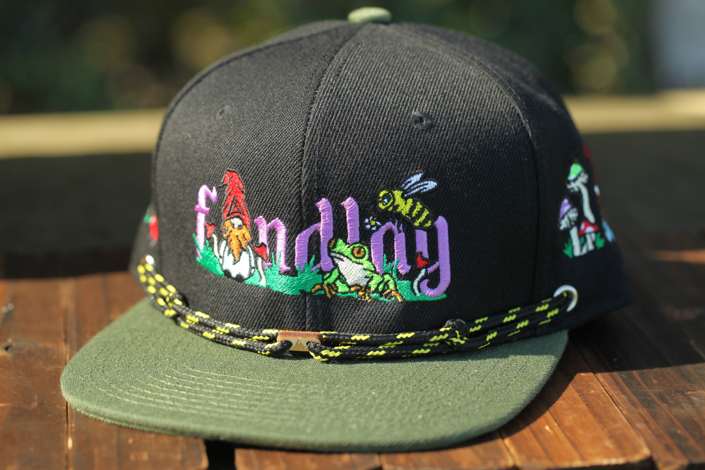A black baseball cap with colorful embroidered designs on it, including a gnome, a bee, and a frog.