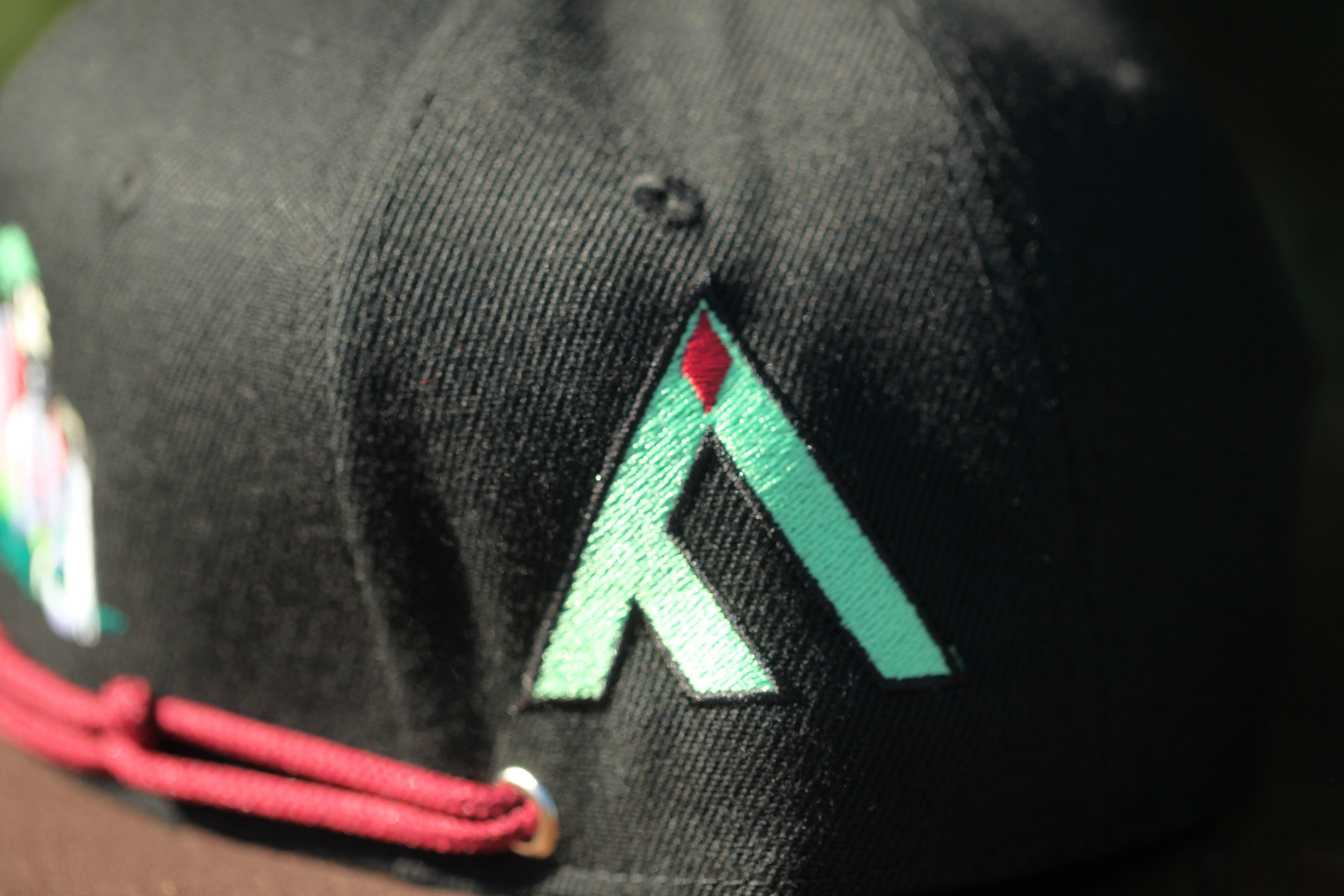 A close-up view of a black baseball cap with a green and red logo on the front.