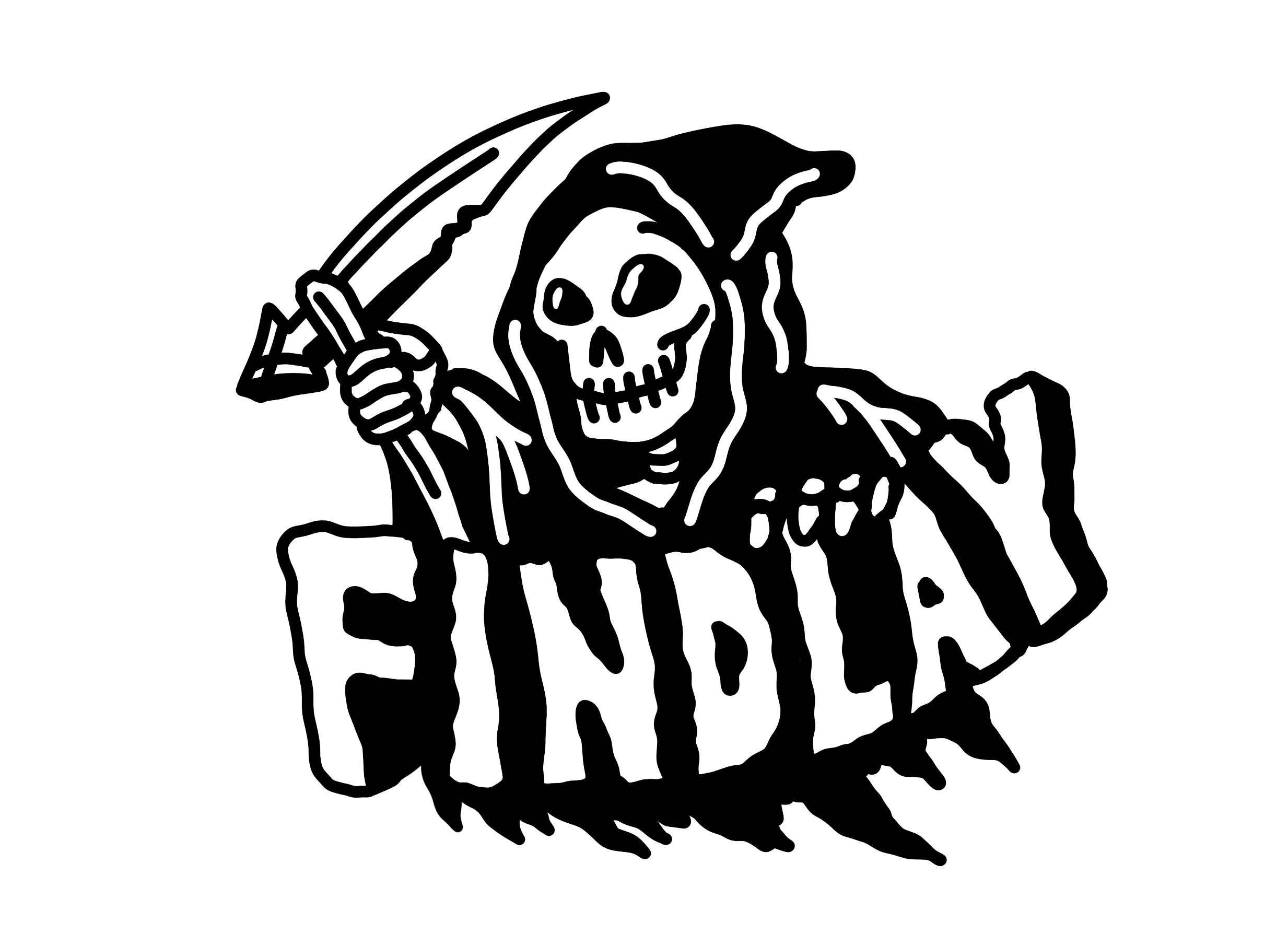 A black and white illustration depicting a skull holding a scissor and the word "FINDlay" written below it.