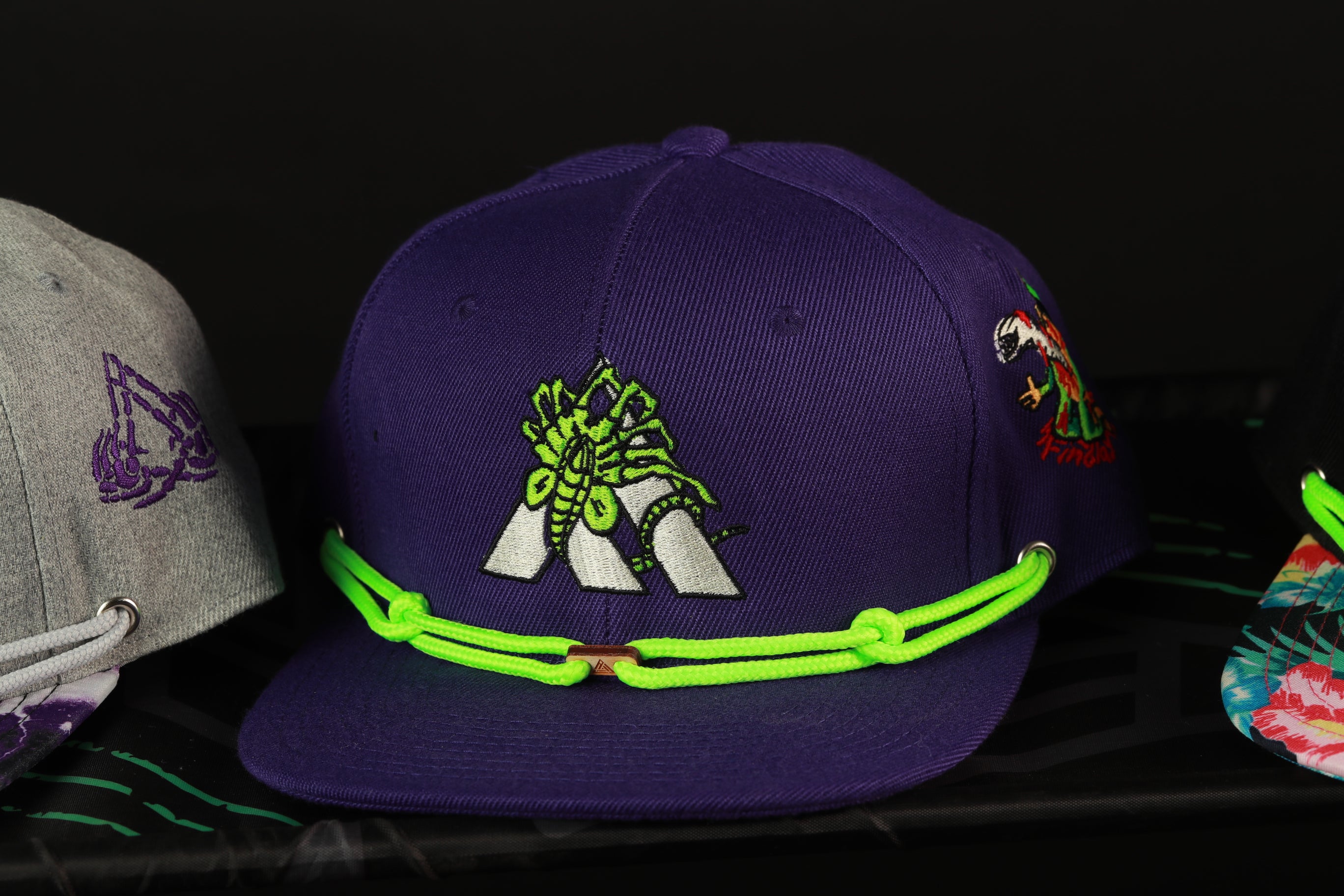 A purple baseball cap with a green and white graphic design, featuring a snake-like creature, is displayed on a shelf among other hats.
