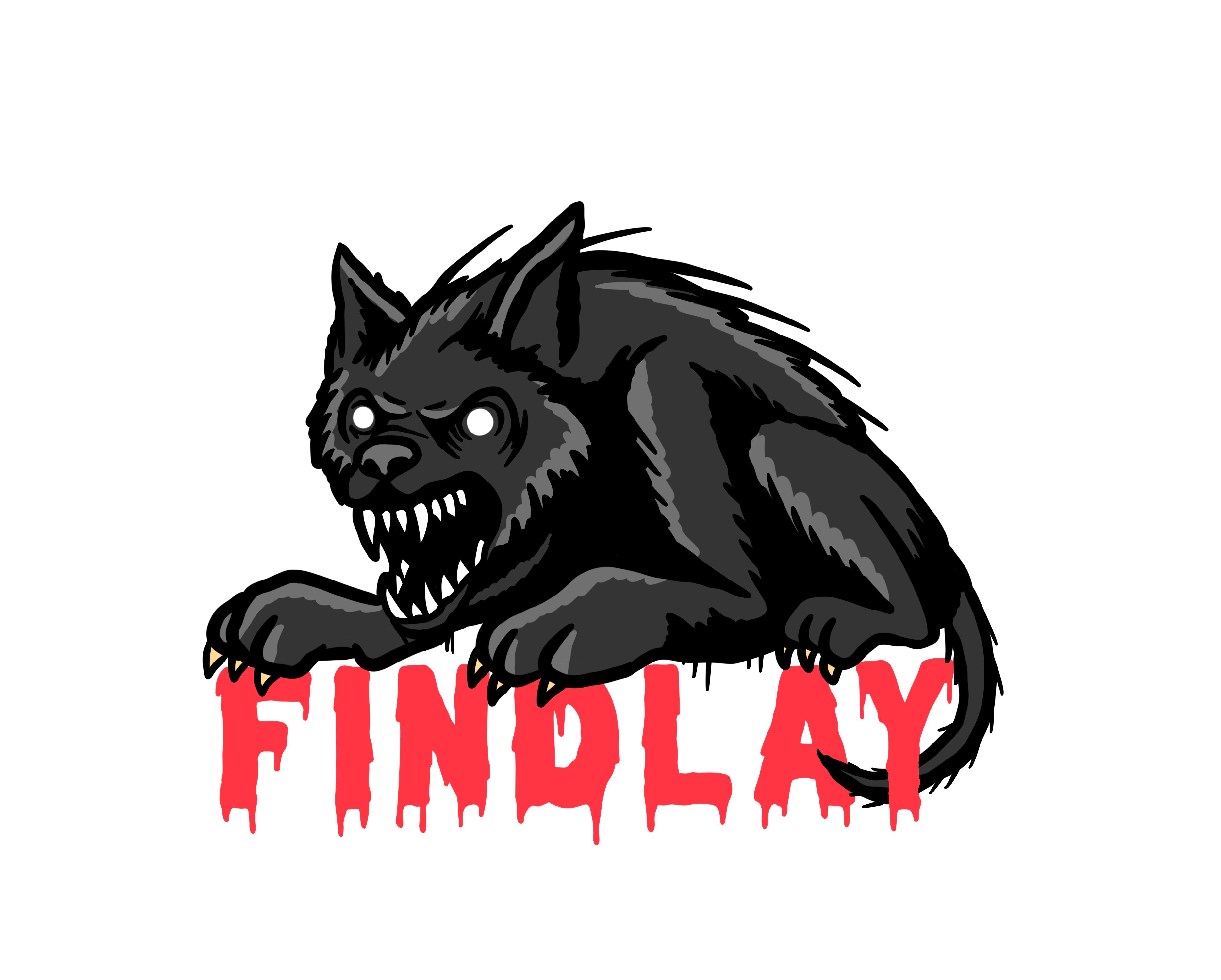 A black, fierce-looking wolf with sharp teeth and an angry expression, accompanied by the word "FINDLAY" in a dripping, red font.