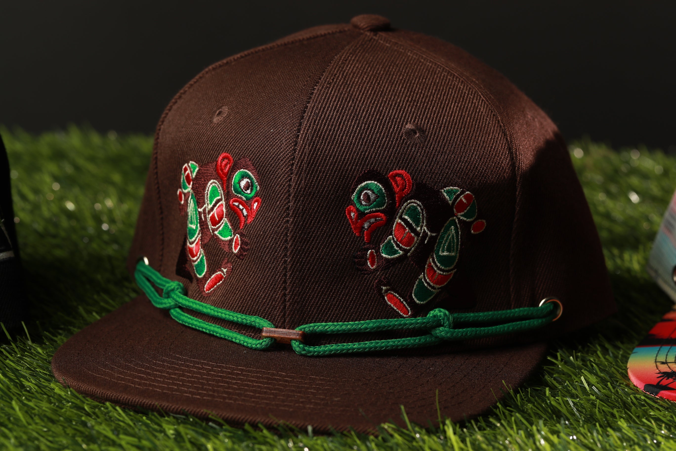 A brown baseball cap with a green band and two colorful fish designs on the front, placed on a grassy surface.