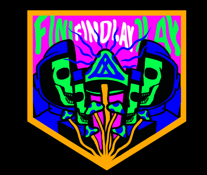 The image is a vibrant, colorful graphic featuring two stylized skull faces with mushroom-like shapes in the center, set against a background with the text "FINISH LAY" in a stylized font.