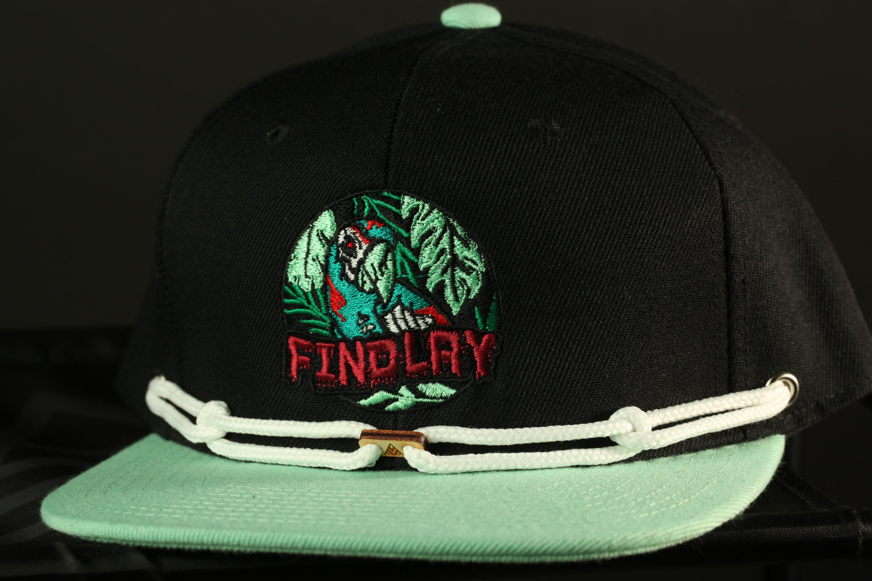 A black baseball cap with a green brim and a circular embroidered logo on the front.