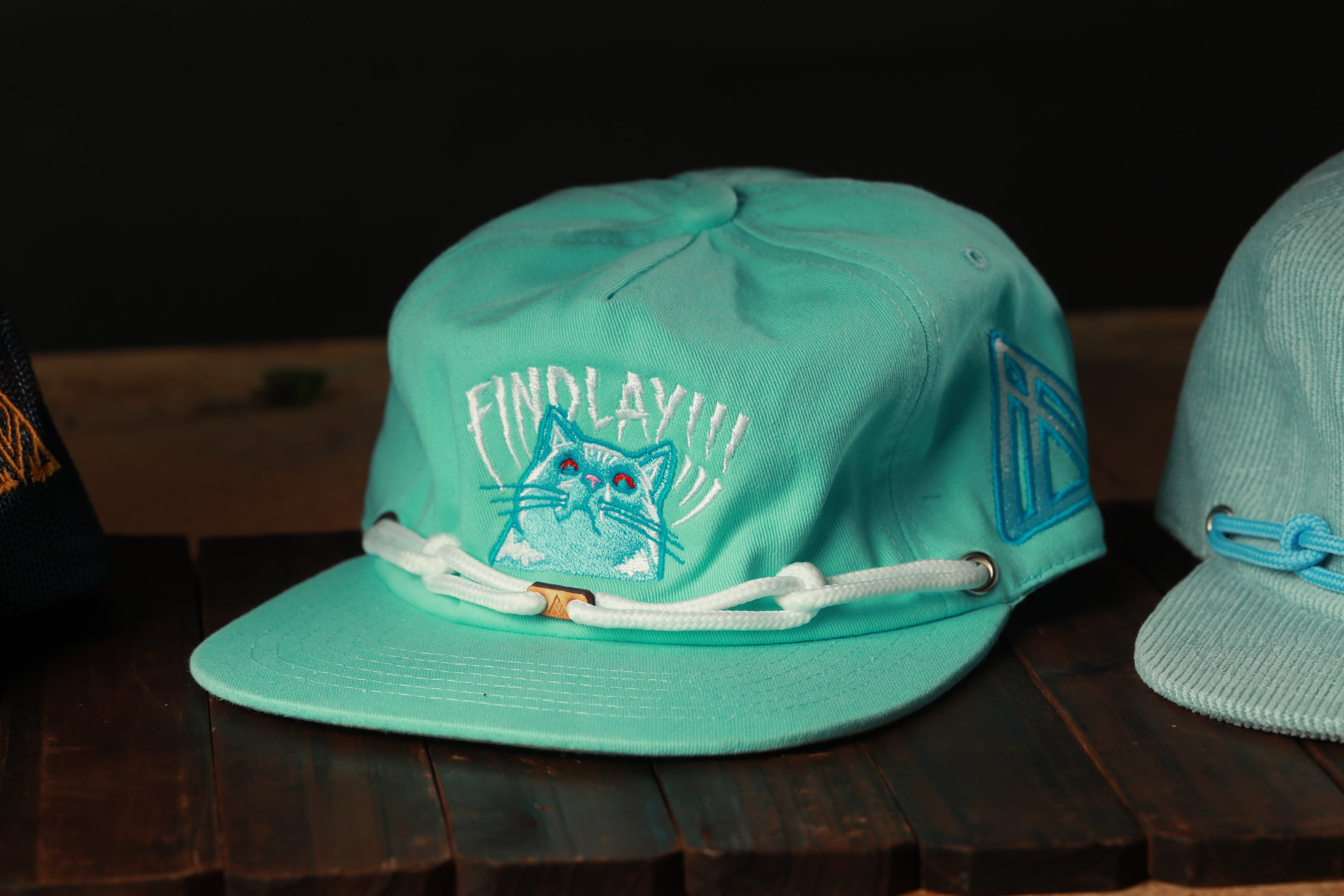A turquoise baseball cap with a cat embroidered on it, sitting on a wooden surface.