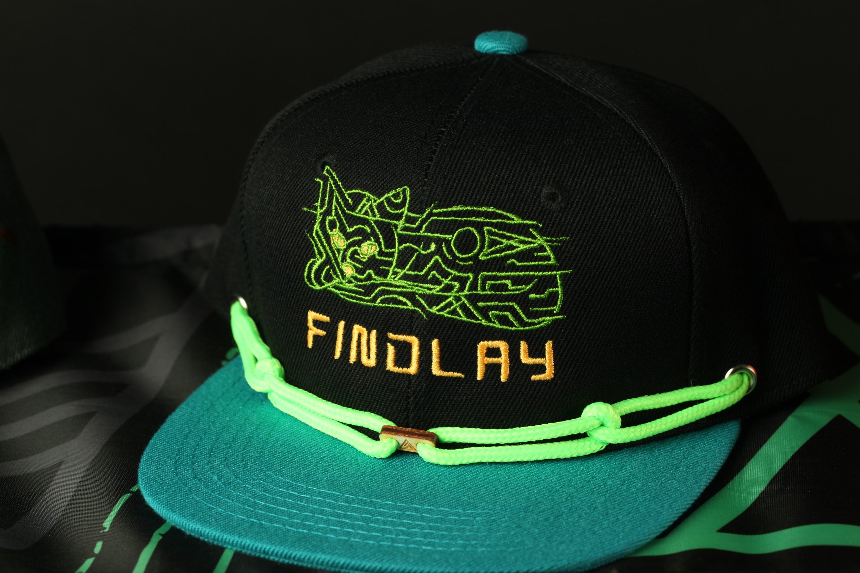 A black baseball cap with a green and teal design, featuring a cat-like figure and the word "FINDLAY" printed on it.