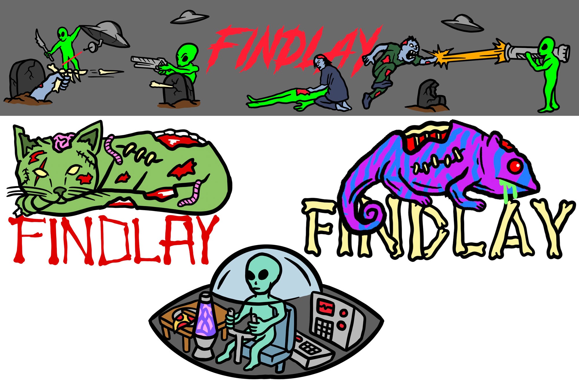 a drawing of a group of cartoon characters