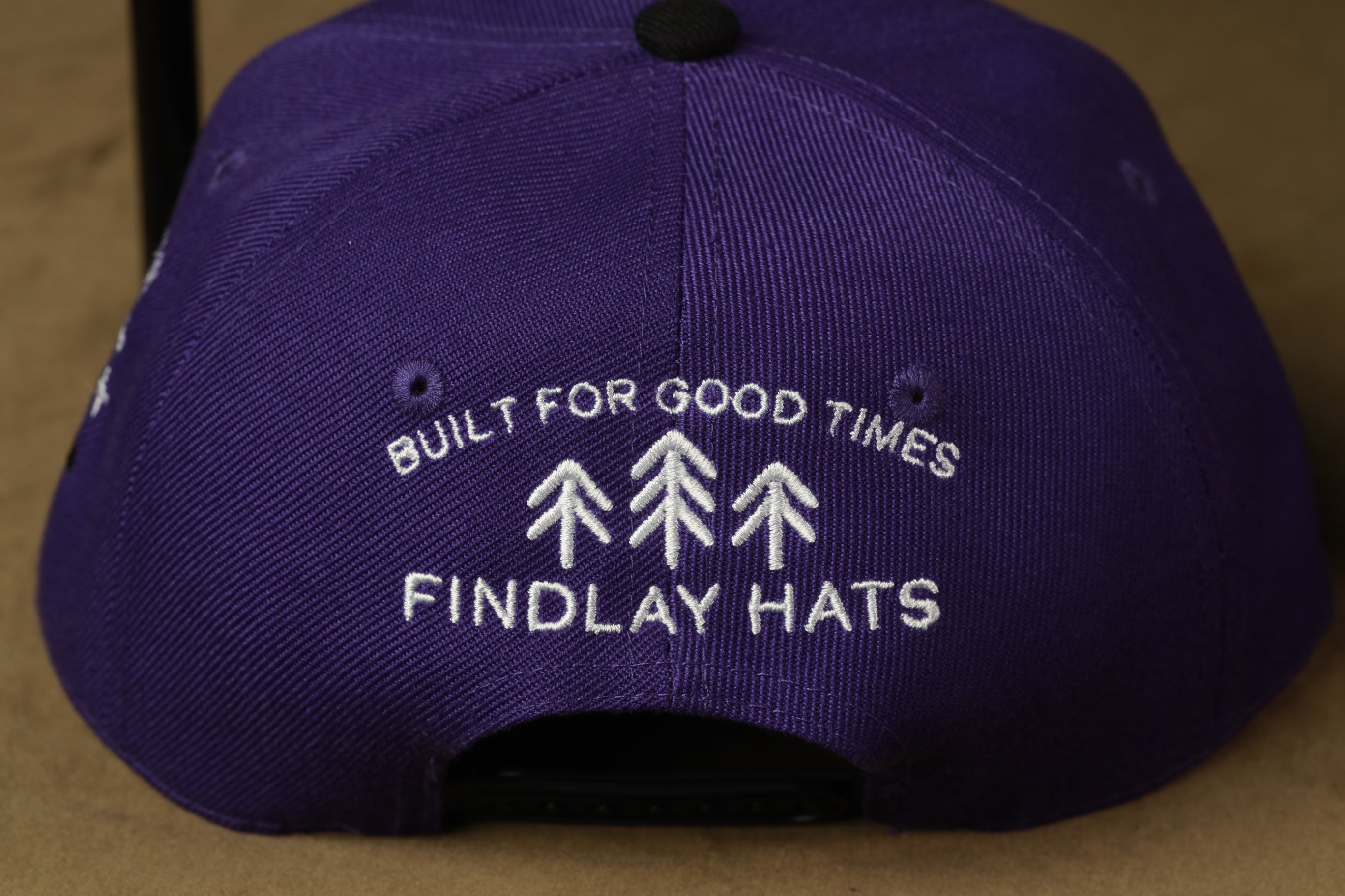 a purple baseball cap with white text and graphics on it.