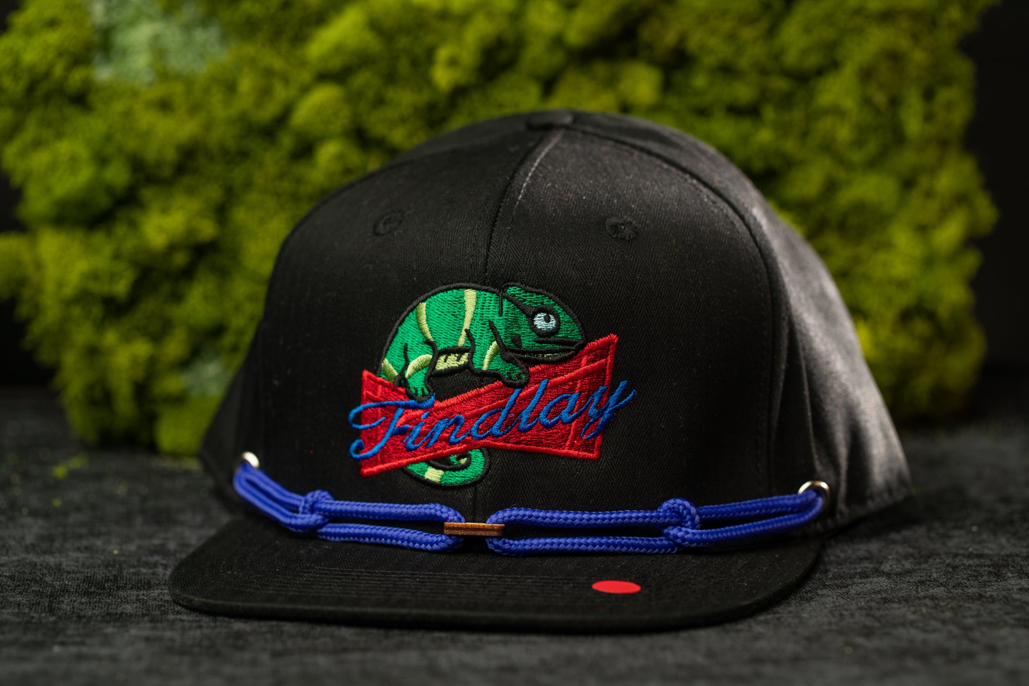 A black baseball cap with a red and blue logo featuring a chameleon on it, placed on a black surface against a green mossy background.