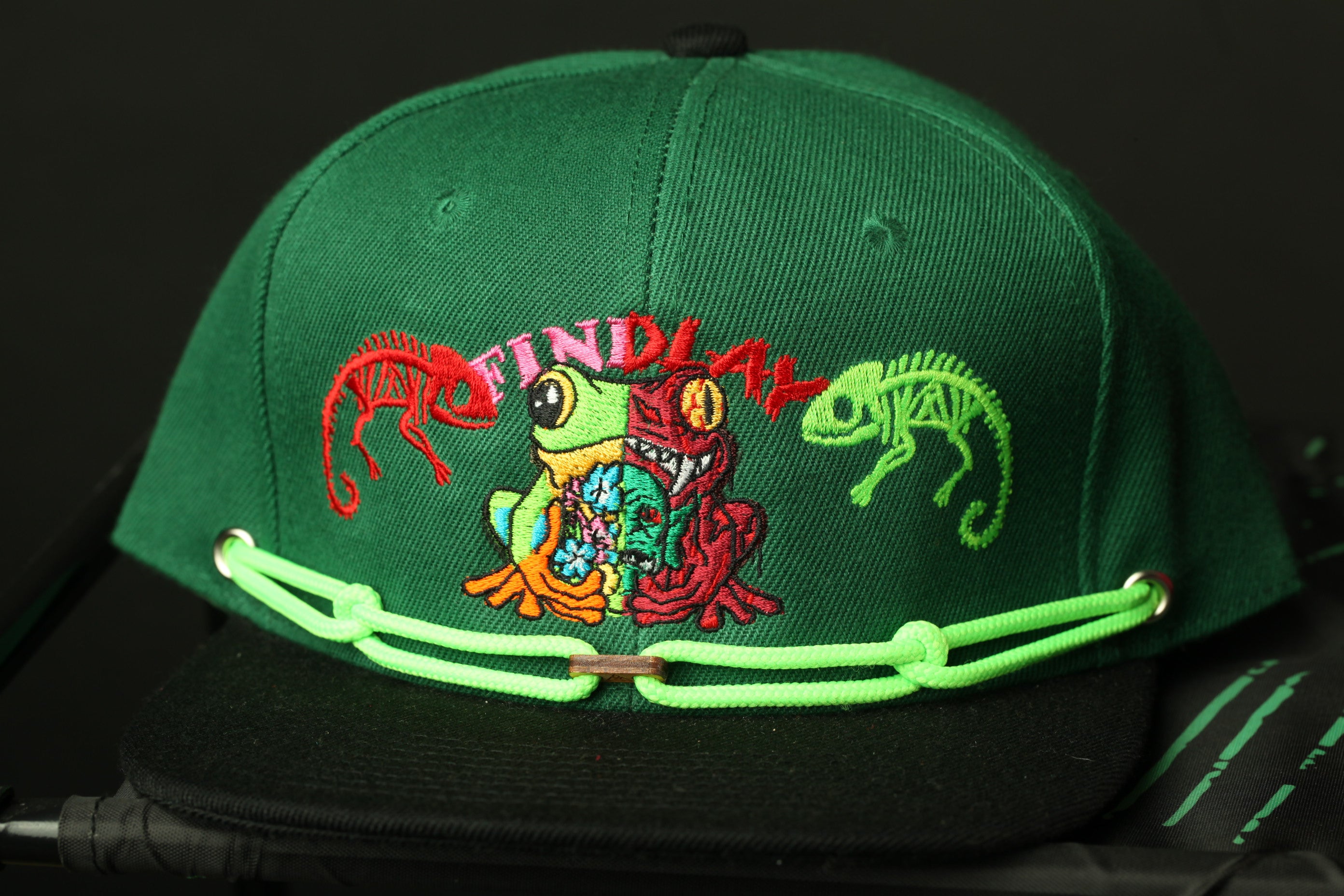 A green baseball cap with a colorful, cartoonish design featuring a frog and two chameleons.
