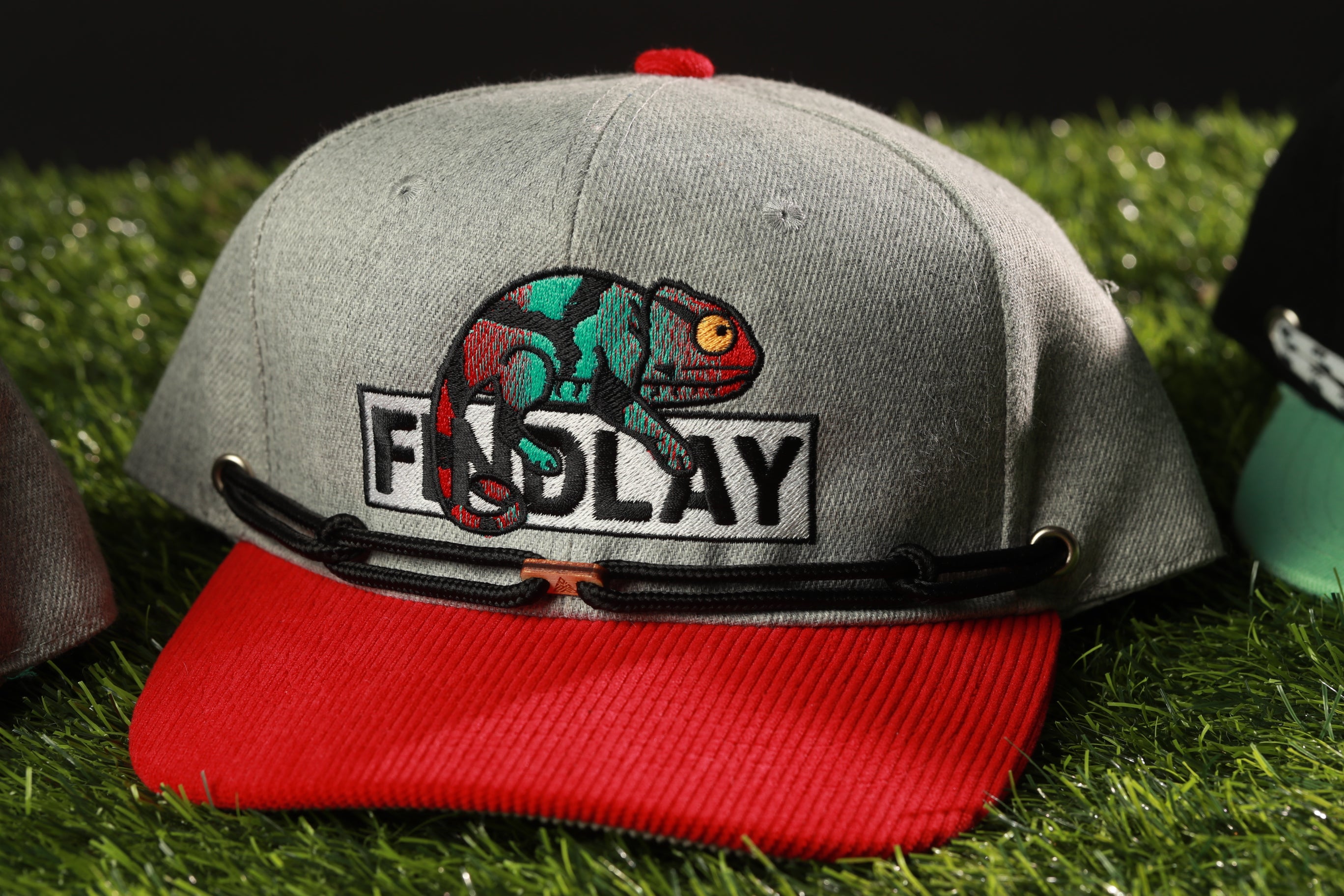 A gray baseball cap with a red brim and a graphic of a chameleon on it, placed on a grassy surface.