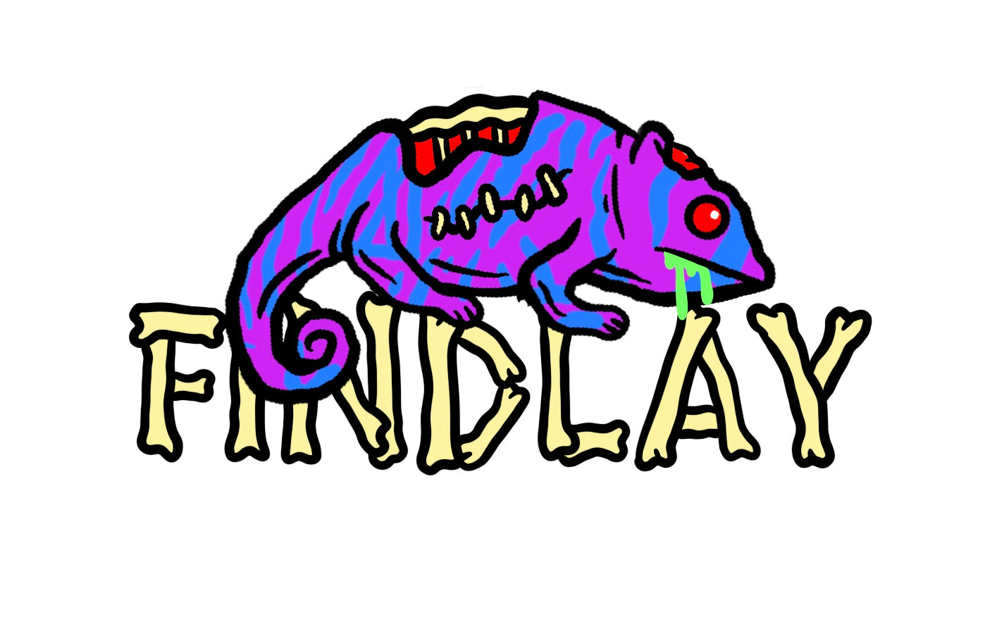 A colorful cartoon-style chameleon with a red eye and a dripping mouth, accompanied by the word "FINDLAY" in stylized text.