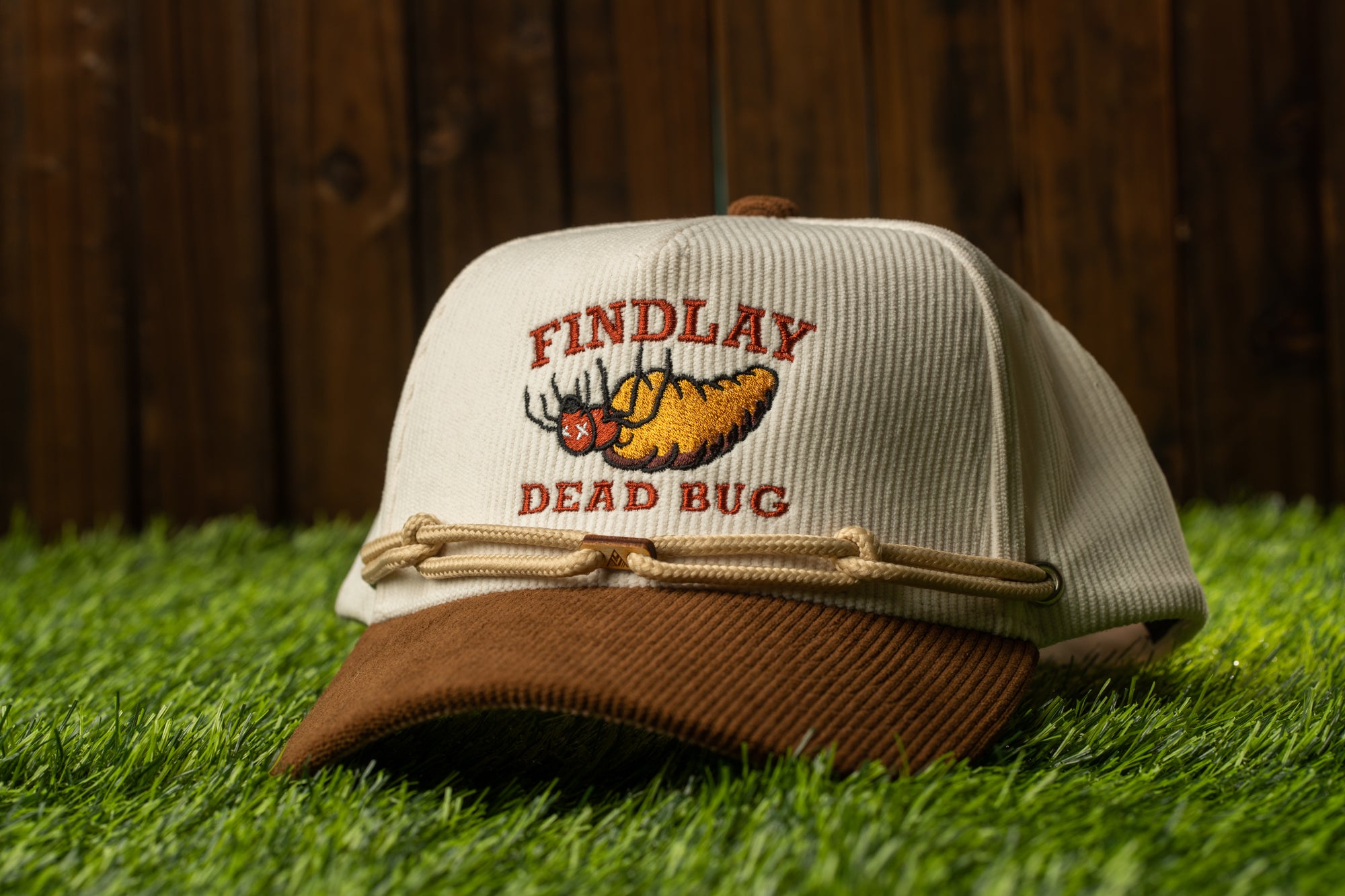 A baseball cap with the text "FIND LAY DEAD BUG" printed on it, sitting on a grassy surface.
