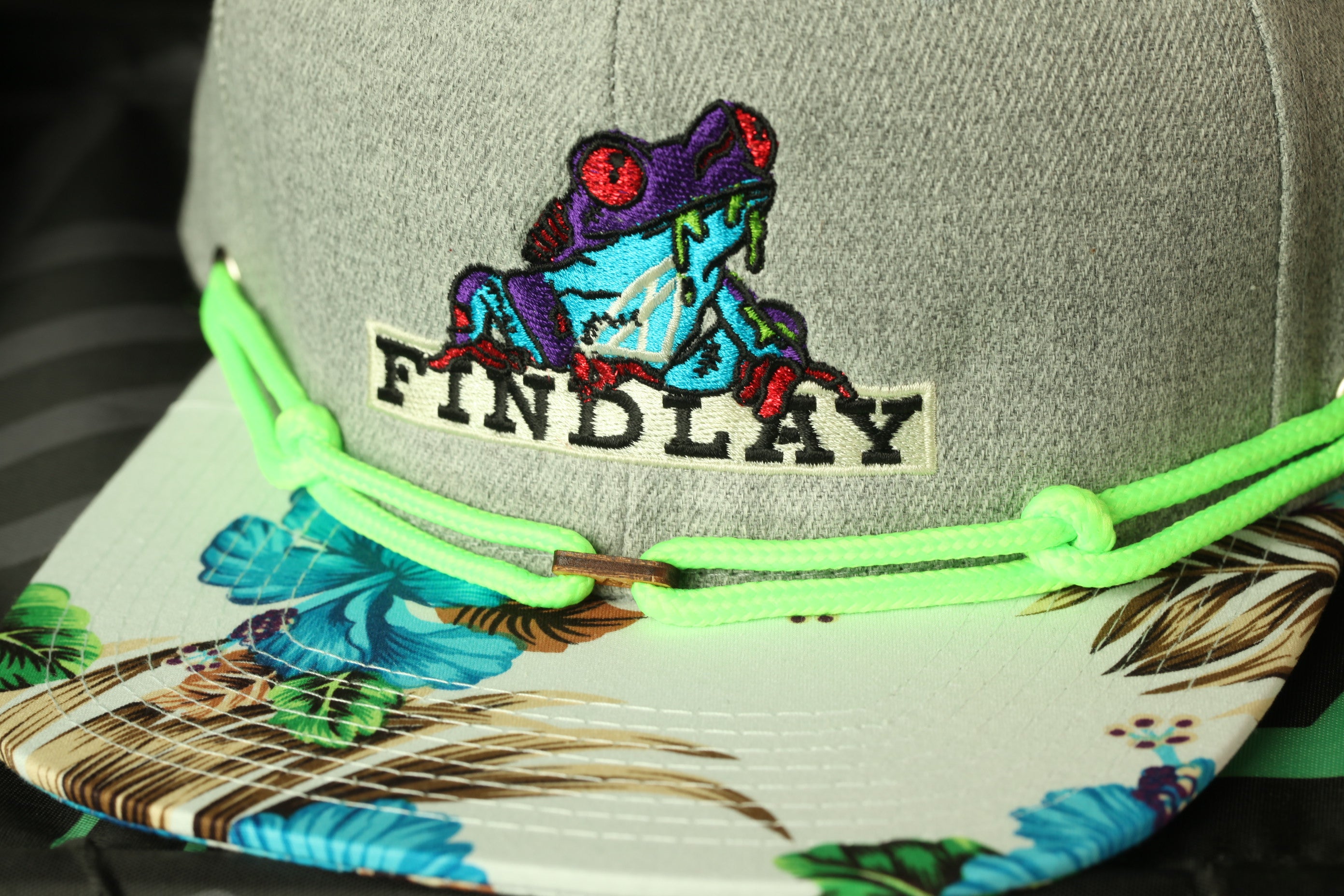 A gray baseball cap with a colorful frog embroidered on it, and a green string or strap around the brim.