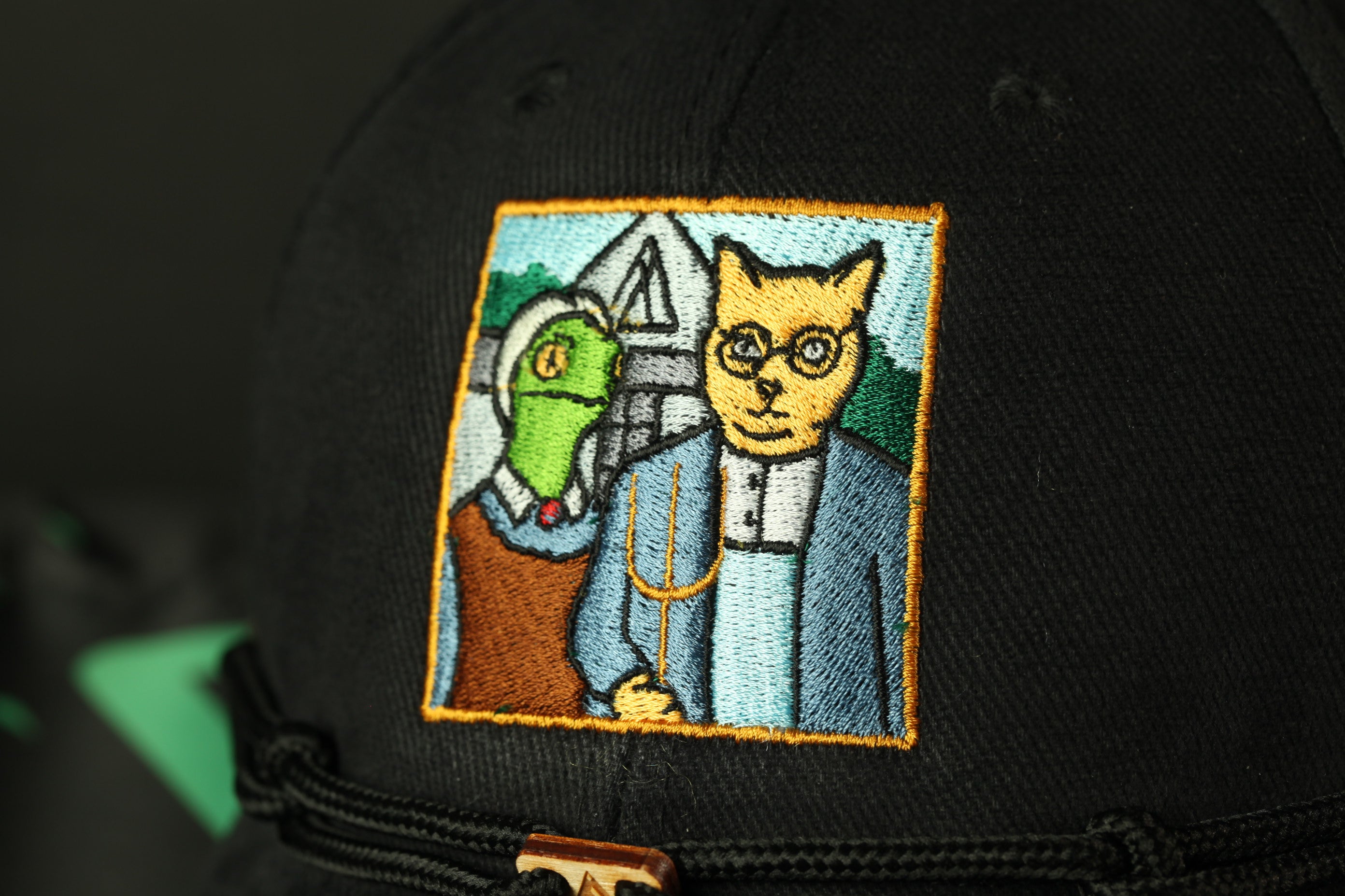 a close-up of a black baseball cap with a colorful embroidered patch depicting a cat and a green lizard.