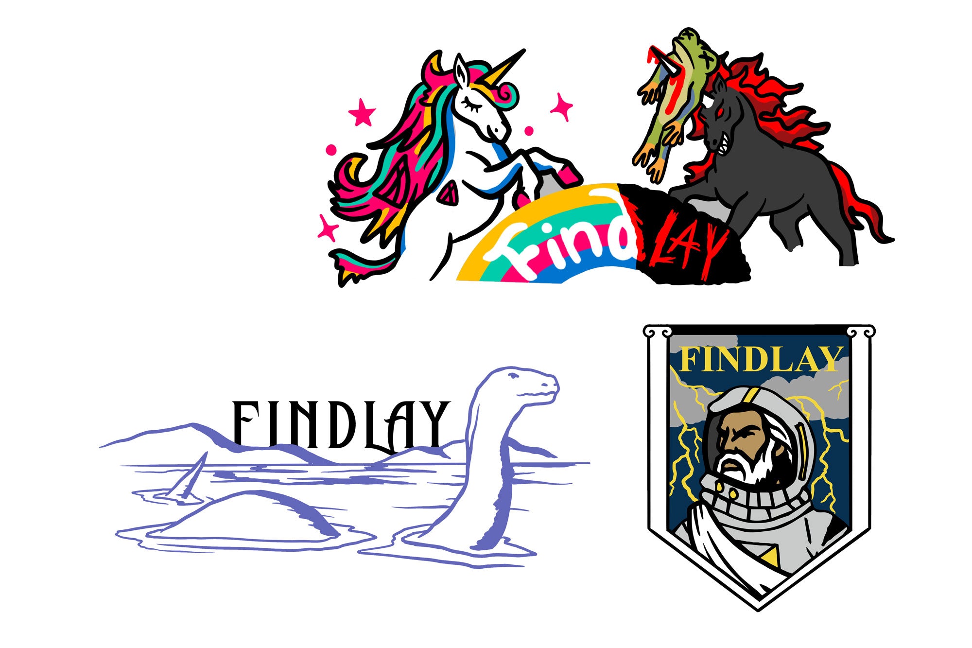 various colorful and whimsical illustrations, including a unicorn, a dragon, and a man in a spacesuit. The image also features a logo for a company called "Findlay" and a banner with a man's face.