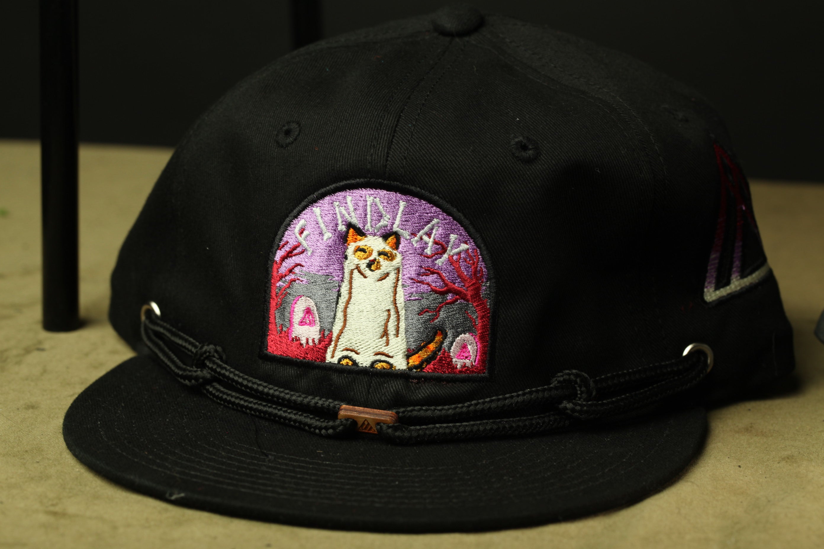 A black baseball cap with a colorful cat embroidered on the front.