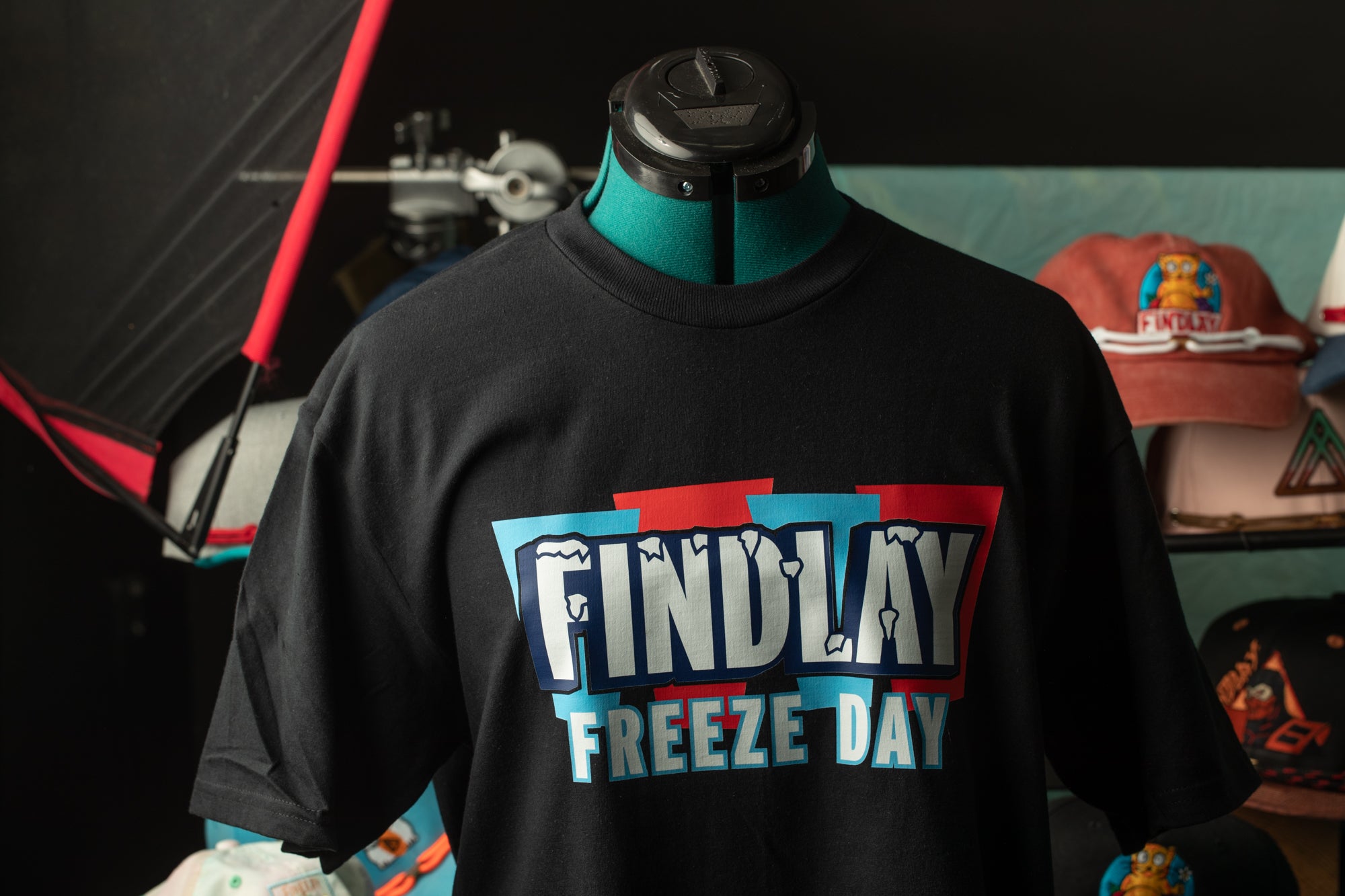 A black t-shirt with the text "FIND LAY FREEZE DAY" printed on it, displayed on a mannequin head.